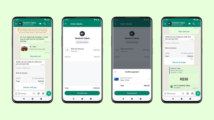 WhatsApp payments screen shown on 4 smartphones
