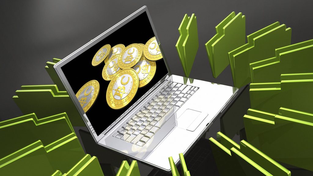 Laptop with bitcoins and files, illustration.