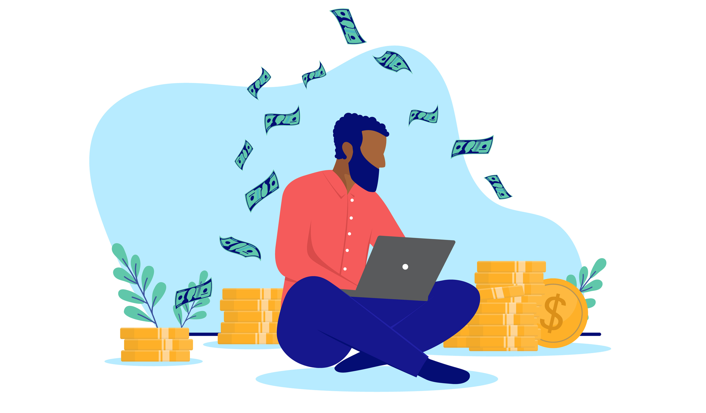 Black ethnic man sitting with laptop on the floor making income online.  Flat design vector illustration with white background