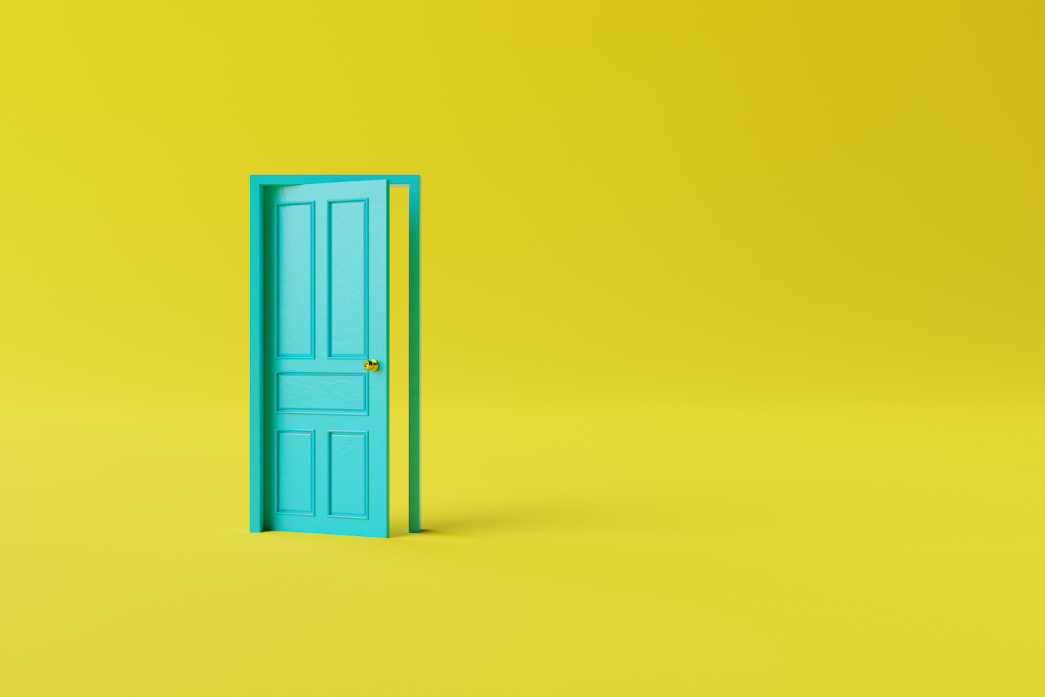The closed yellow door on a yellow background. The concept of making decisions, entering new places, crossing borders. 3d render, 3d illustration