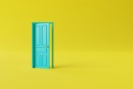 The closed turquoise door on a yellow background. The concept of making decisions, entering new places, crossing borders. 3d render, 3d illustration