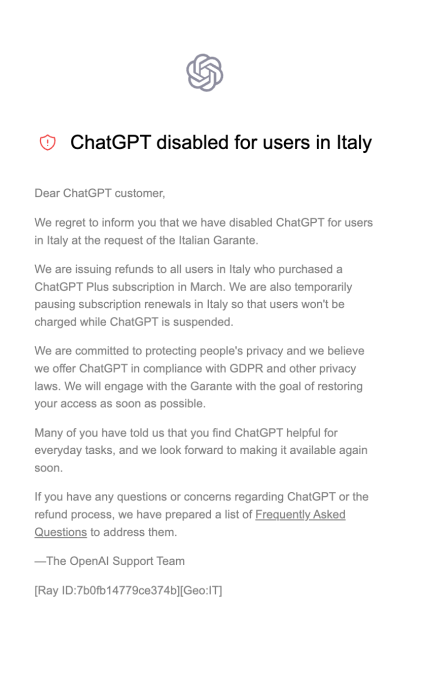 Aviso de OpenAI a los usuarios en italiano sobre el bloqueo de ChatGPT
