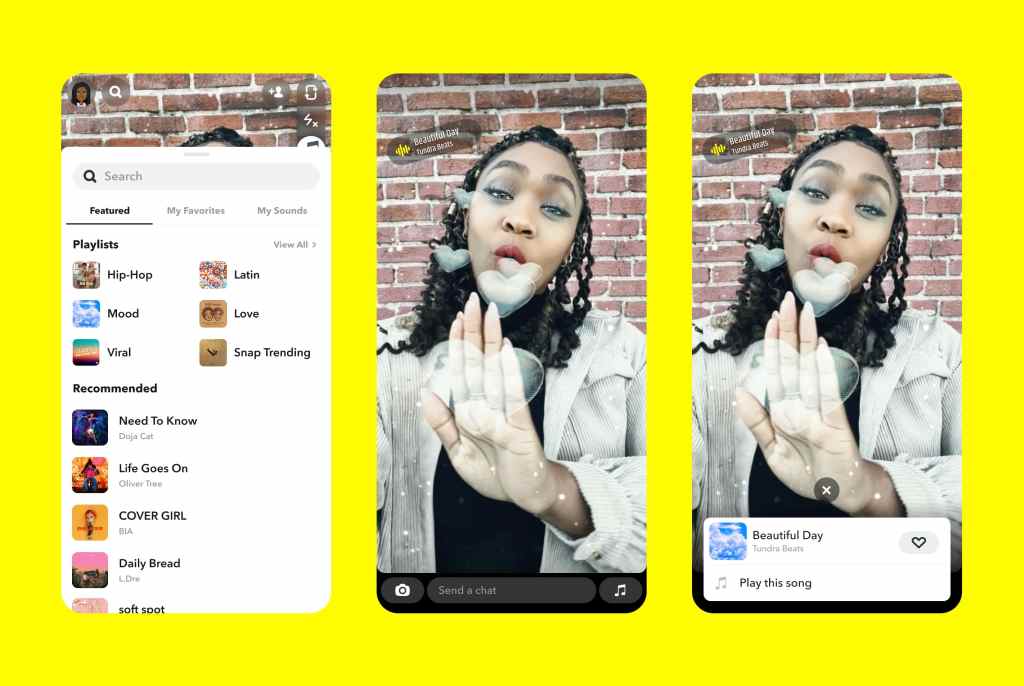 Snapchat Sounds on 3 smartphone screens