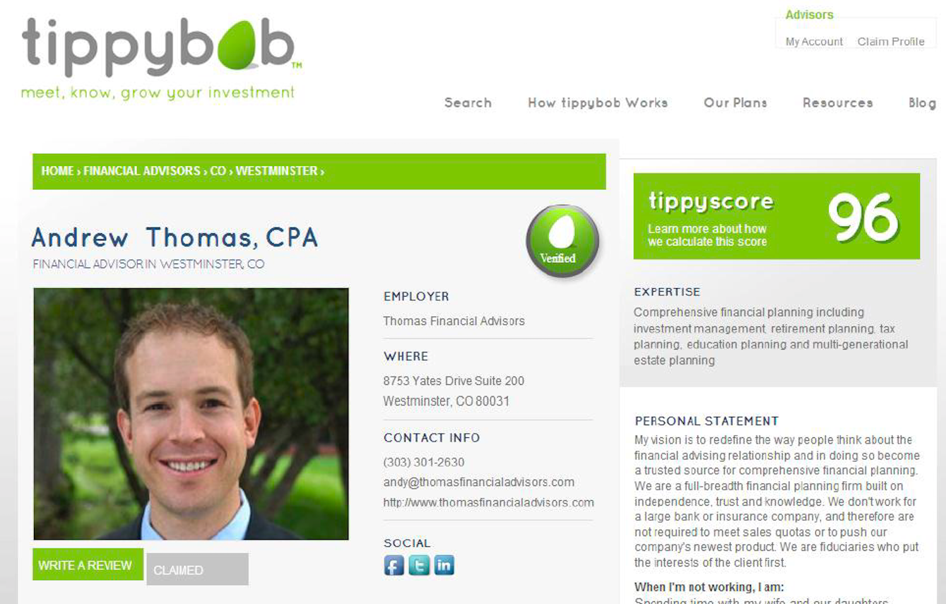 2013 Screenshot of a Financial Advisor Profile at Tippybob, an independent financial advisor platform.