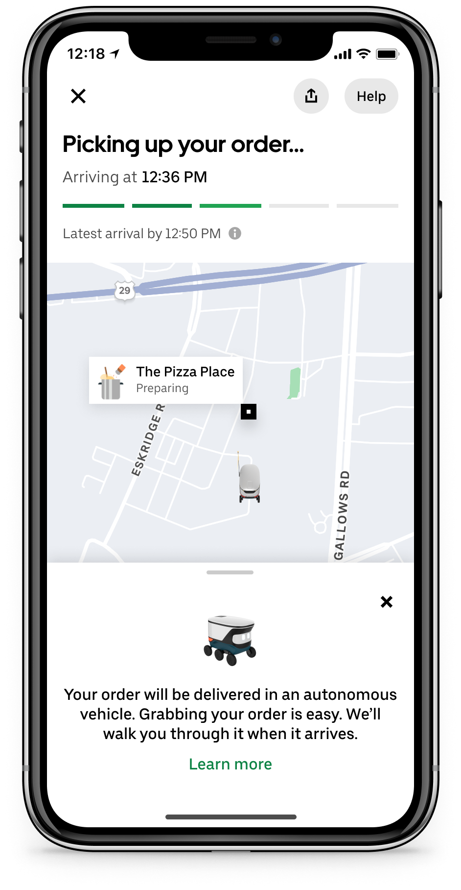Rastreamento de pedido do Uber Cartken no Mosaic - AV compatível