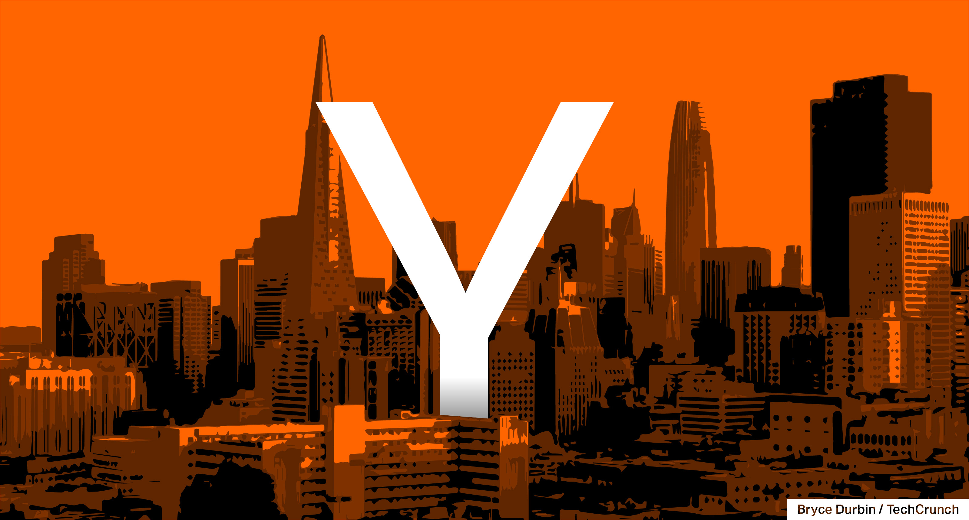 Large white "Y" overlaid on an orange-tinted skyline of San Francisco