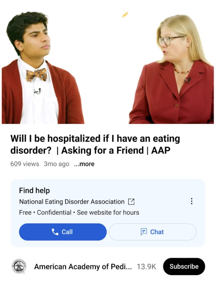 YouTube eating disorder resource panels
