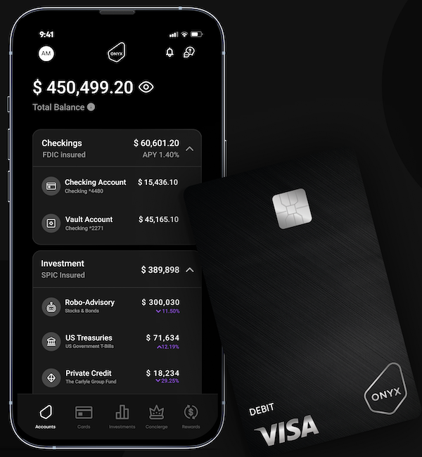 Onyx Private banking dashboard and card