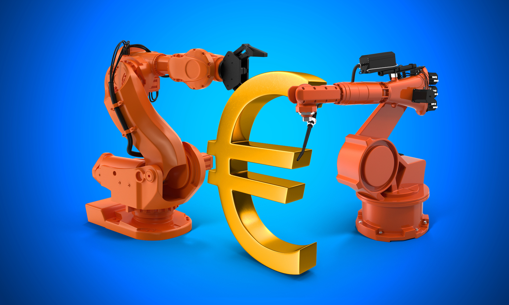 3D rendered two robotic arms manufacture euro sign as an abstract concept on yellow background