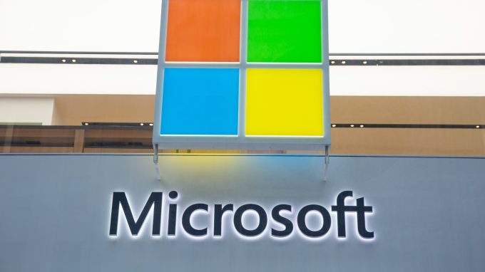 A Microsoft store entrance with the company's logo