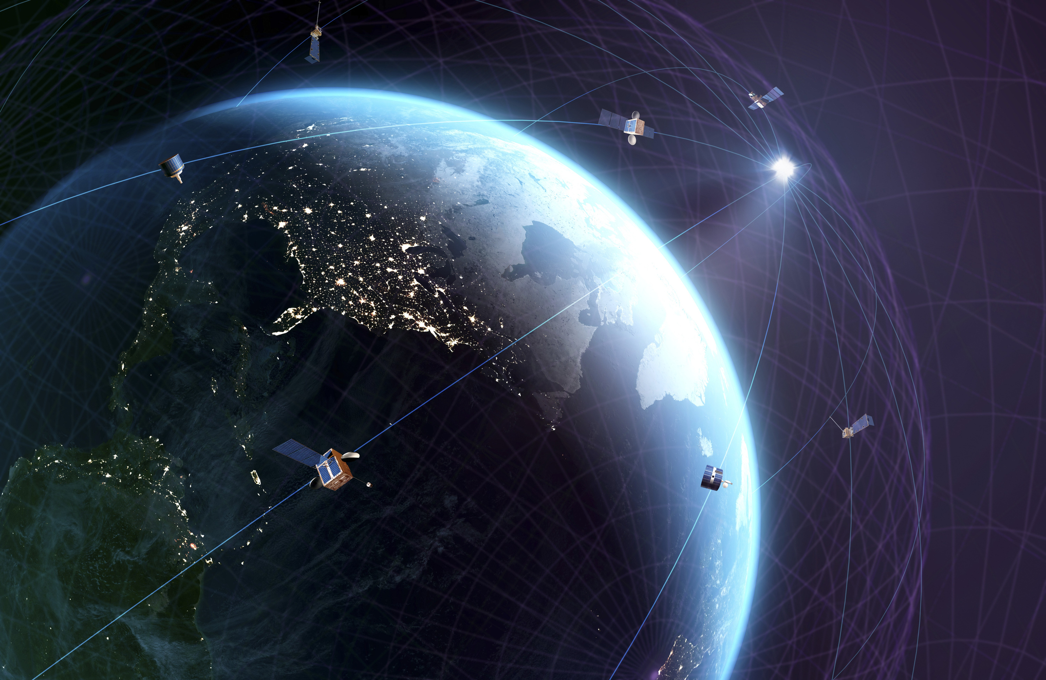 Global satellite communications. Conceptual representation of a global network of communications satellites, such as the Starlink satellites.
