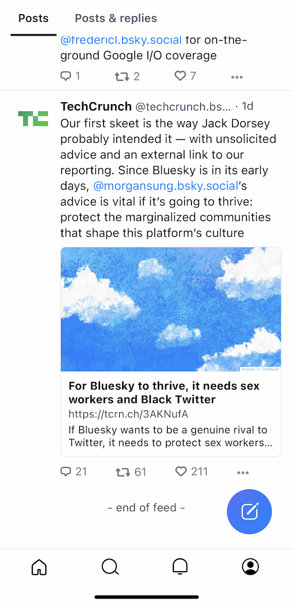 TechCrunch'ın ilk Bluesky gönderisinin ekran görüntüsü