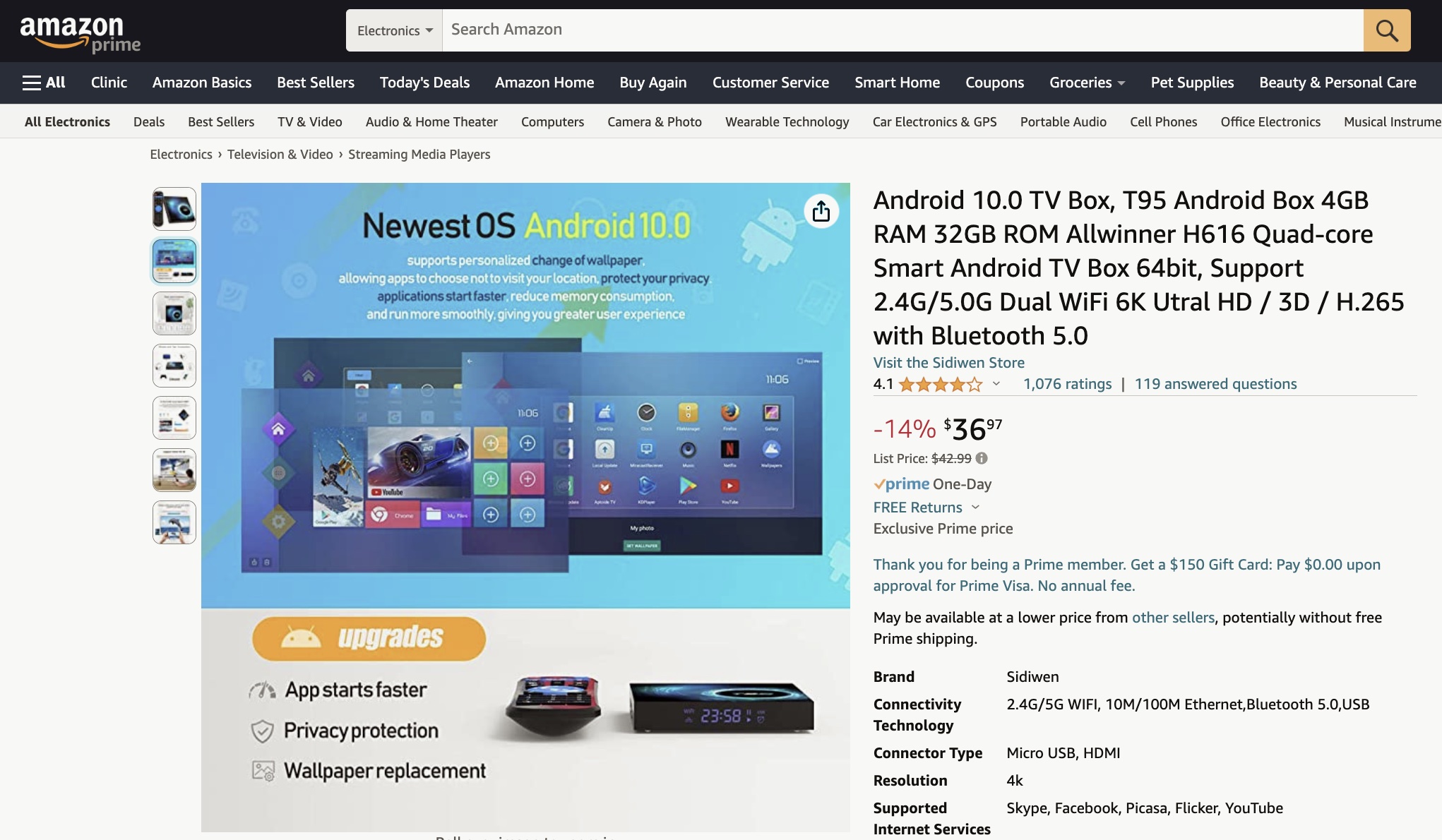 Amazon'da listelenen AllWinner T95'in ekran görüntüsü