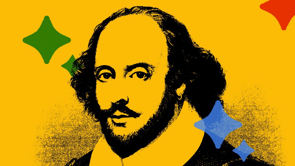 William Shakespeare with Google colors to represent Google Bard chatbot.