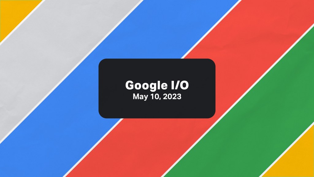Google I / O 2023. ألوان مخططة (أصفر ، رمادي ، أزرق ، أحمر ، أخضر) في الخلفية