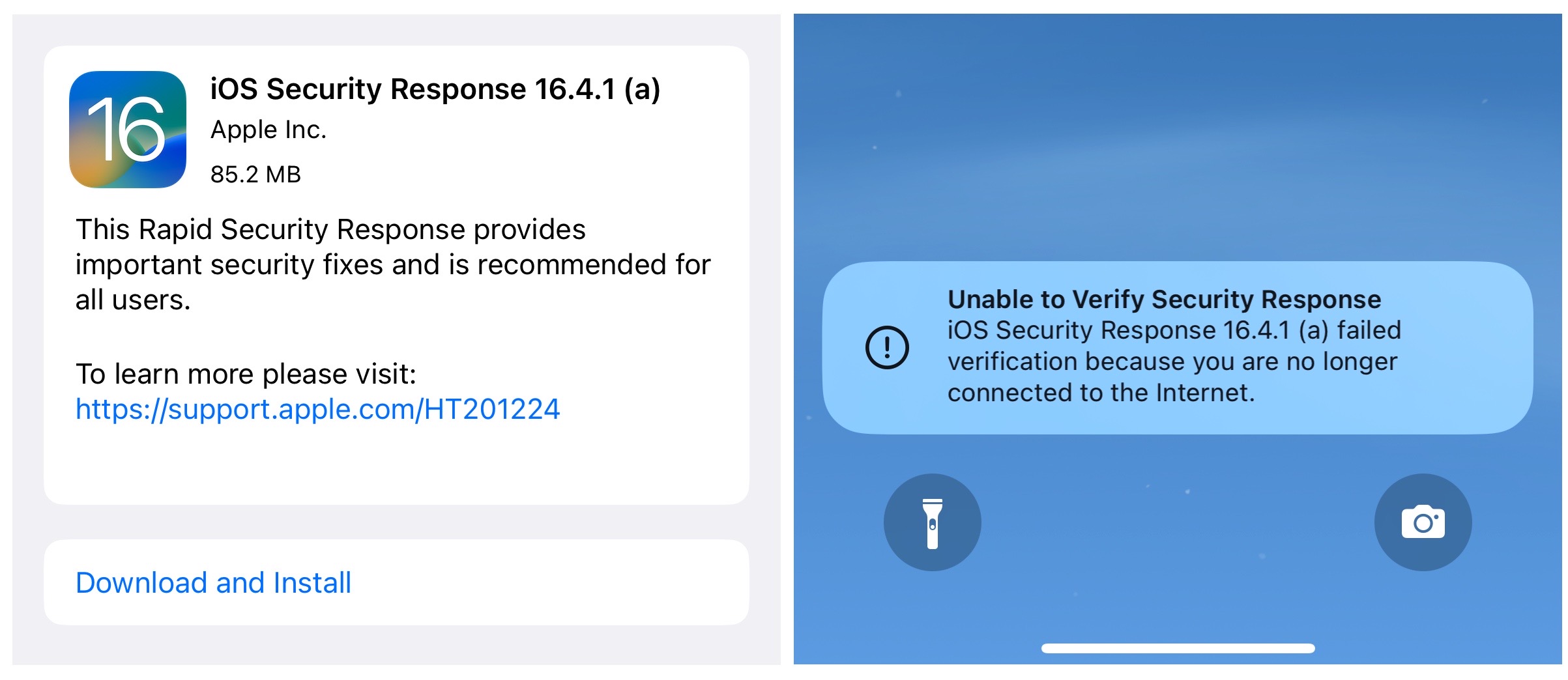 A screenshot of iOS' software update prompt displaying the first Rapid Security Response patch, but fails to install.