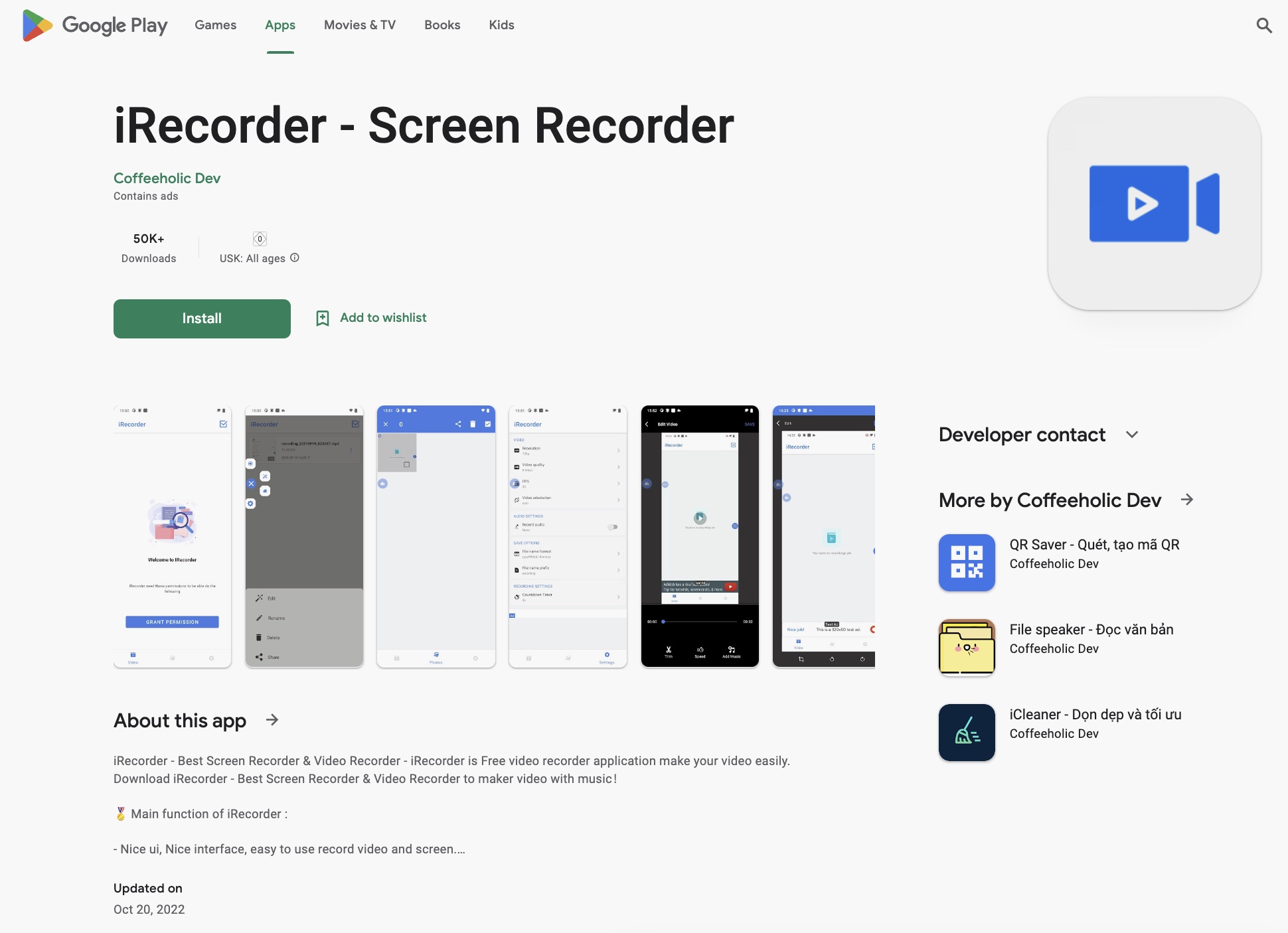 Etkilenen uygulama olan iRecorder'ın 2022'de İnternet Arşivinde önbelleğe alındığı şekliyle Google Play'deki ekran görüntüsü.