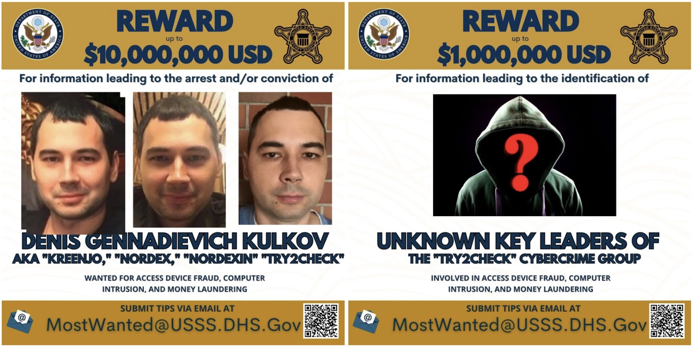 A photo of Denis Gennadievich Kulkov, the main suspect in the Try2Check credit card scheme, as pictured on a State Department "wanted" photo.