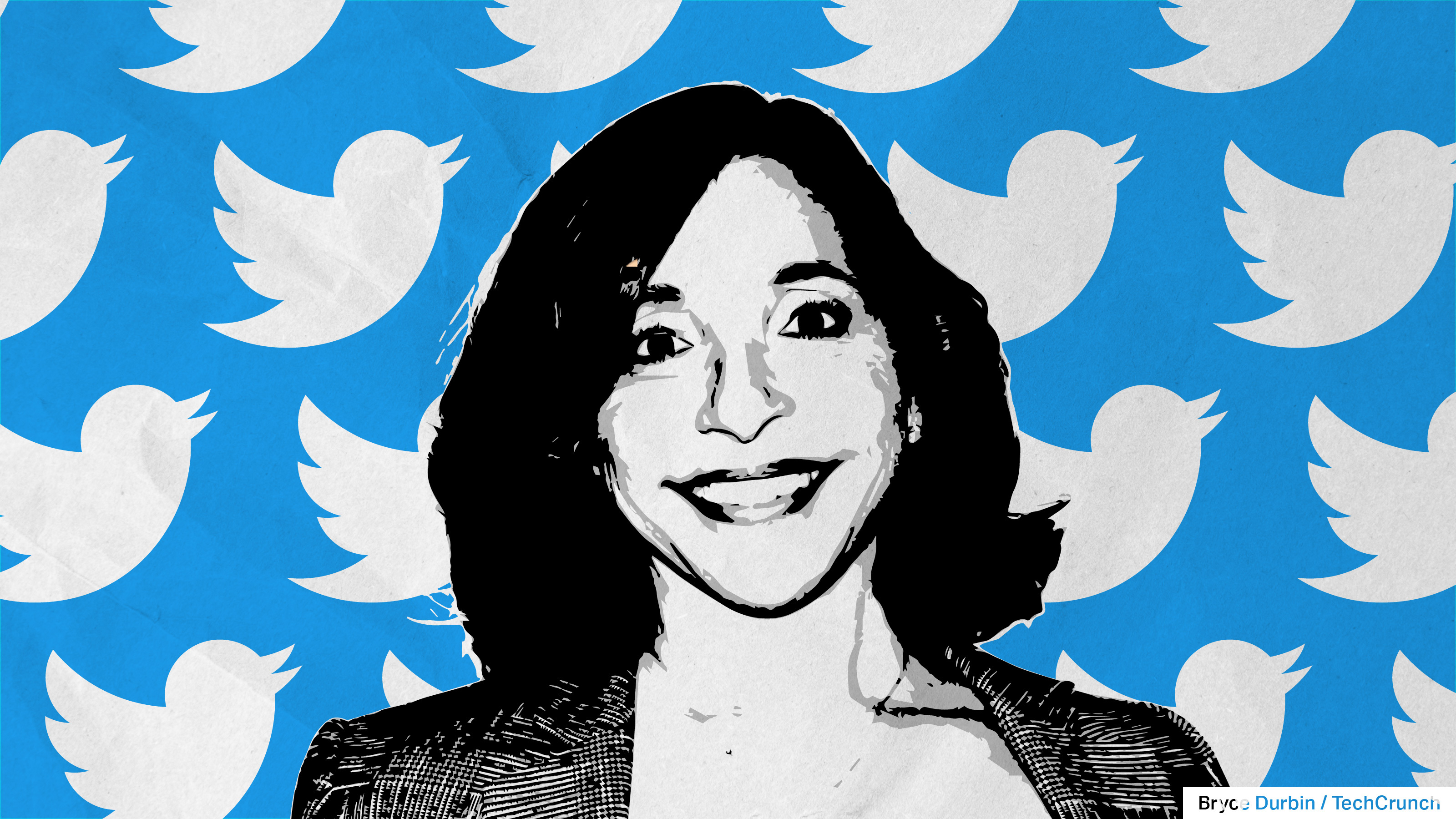 Image of Linda Yaccarino with the Twitter bird in the background, representing the new Twitter CEO