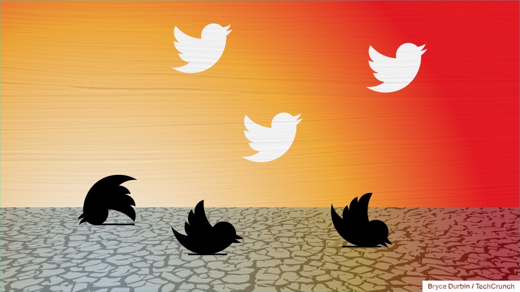 dead twitter birds on the cracked, dry ground while other birds soar above. Image Credits: Bryce Durbin / TechCrunch