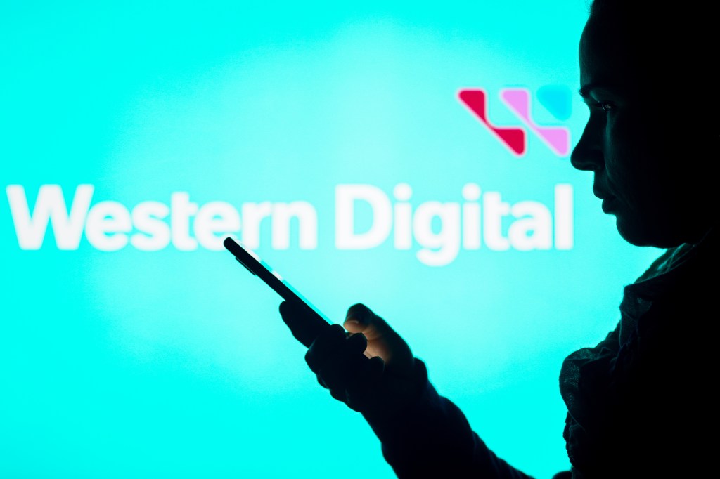 Western Digital logo and person with a cellphone.