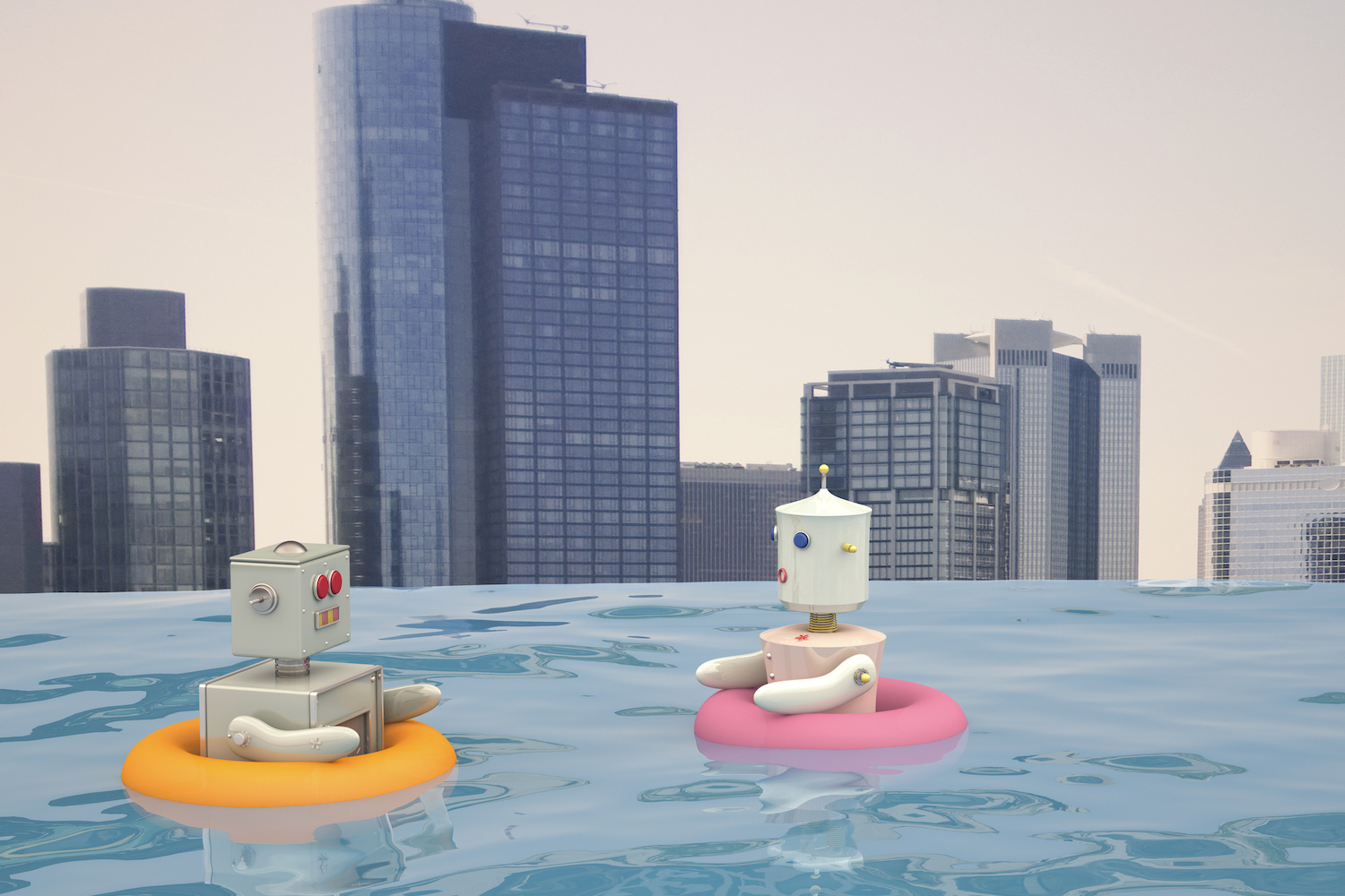 Male and female robots with floating tires swimming in swimming pool in front of city skyline, 3D rendering