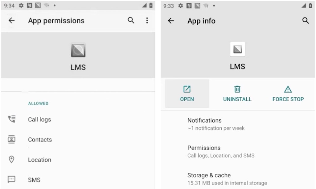 two side-by-side screenshots of the LMS Android app
