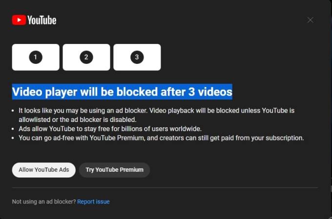 YouTube ad block restriction