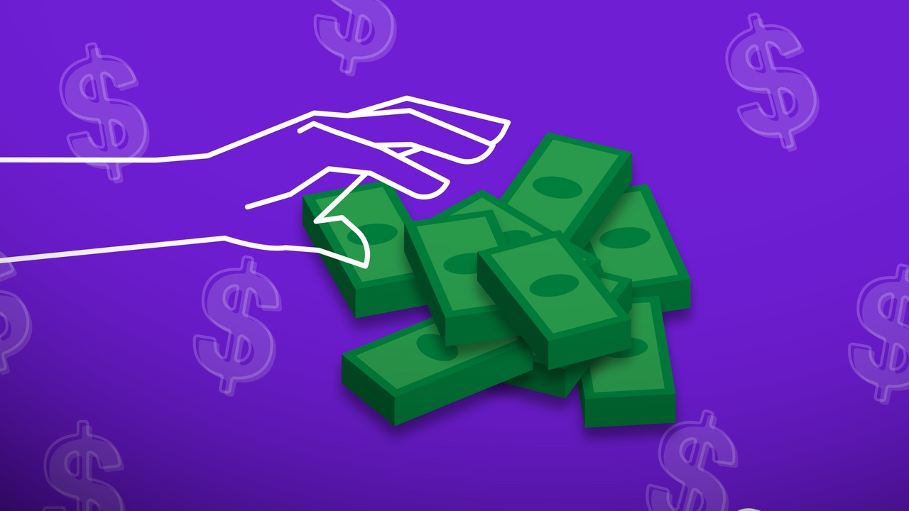 una mano blanca delineada agarrando montones de dinero en efectivo ilustrado sobre un fondo morado con signos de dólar