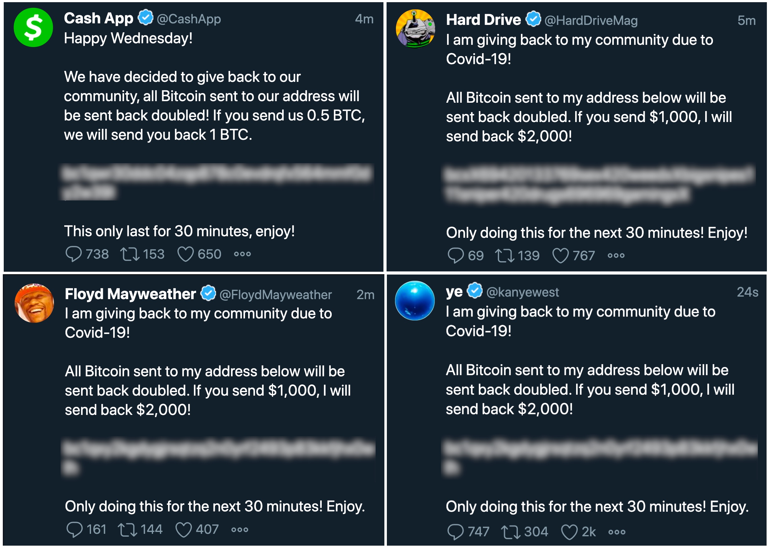 Varias capturas de pantalla que muestran los tweets que se publicaron durante el hackeo de Twitter 2020