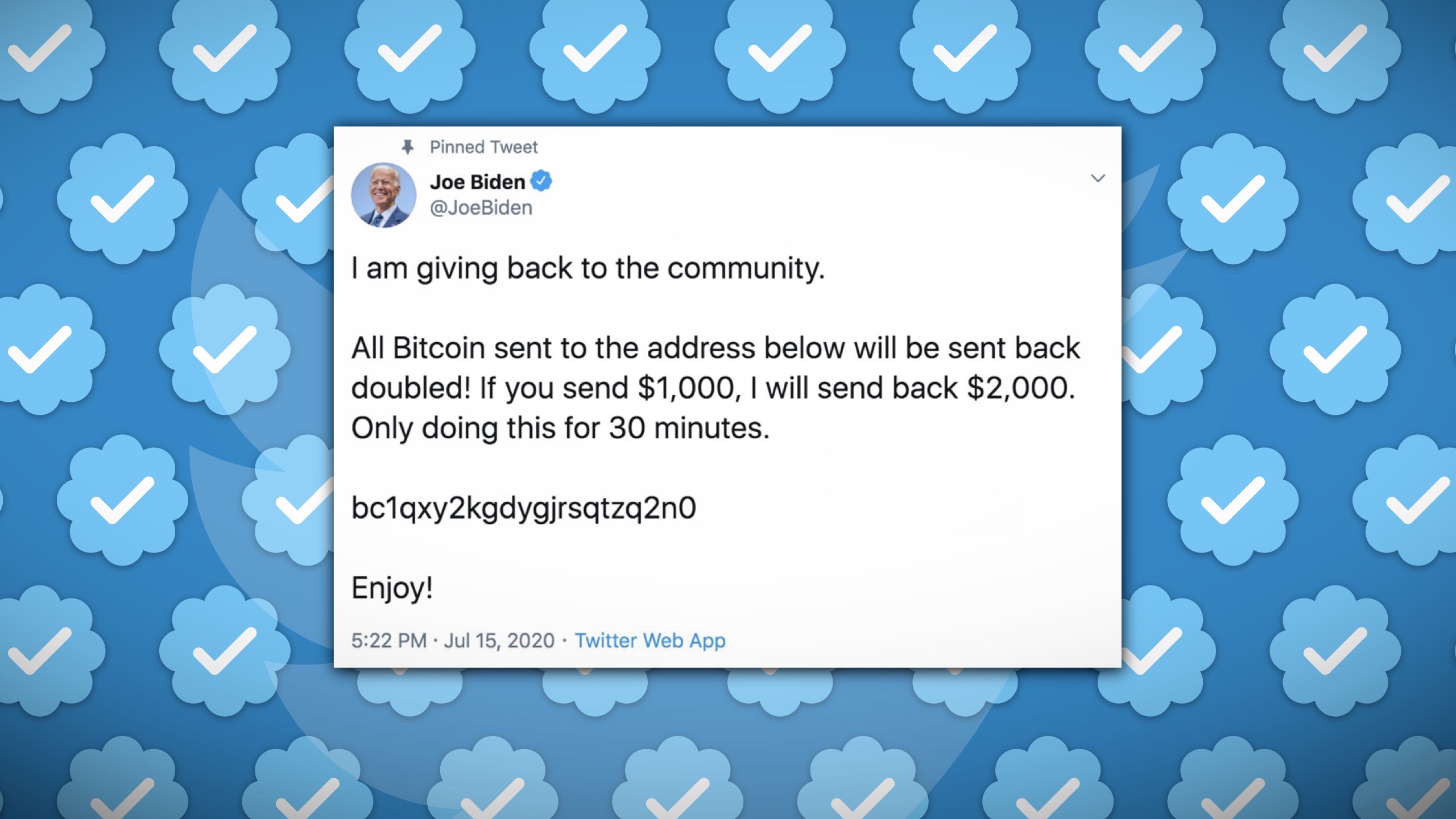 A background of blue verified Twitter checks with an overlaid tweet from a hacked Joe Biden account spreading a cryptocurrency scam