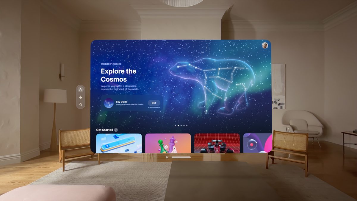 preview of a display on Apple's Vision Pro AR headset with "explore the cosmos" on the screen