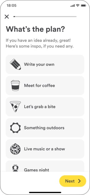 A screen showing prompts for a meetup plan on the new Bumble BFF app