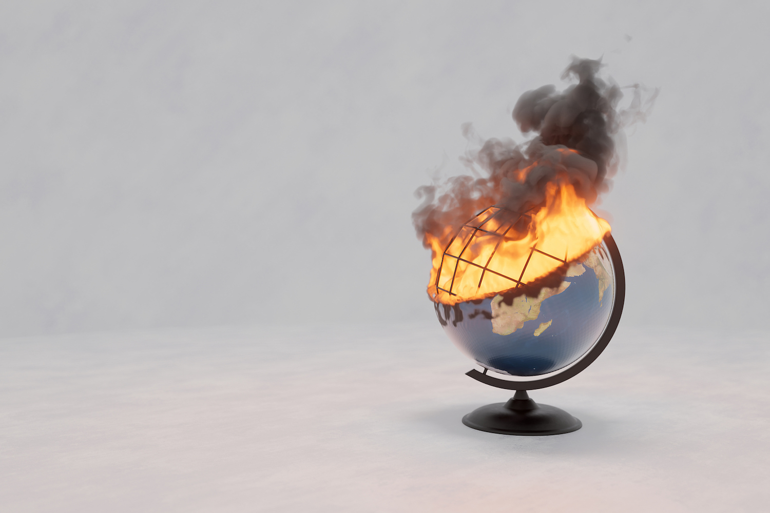 Dünya küresinin kağıt modeli yanıyor, izole edilmiş.  NASA'dan elementler, 3 boyutlu illüstrasyon