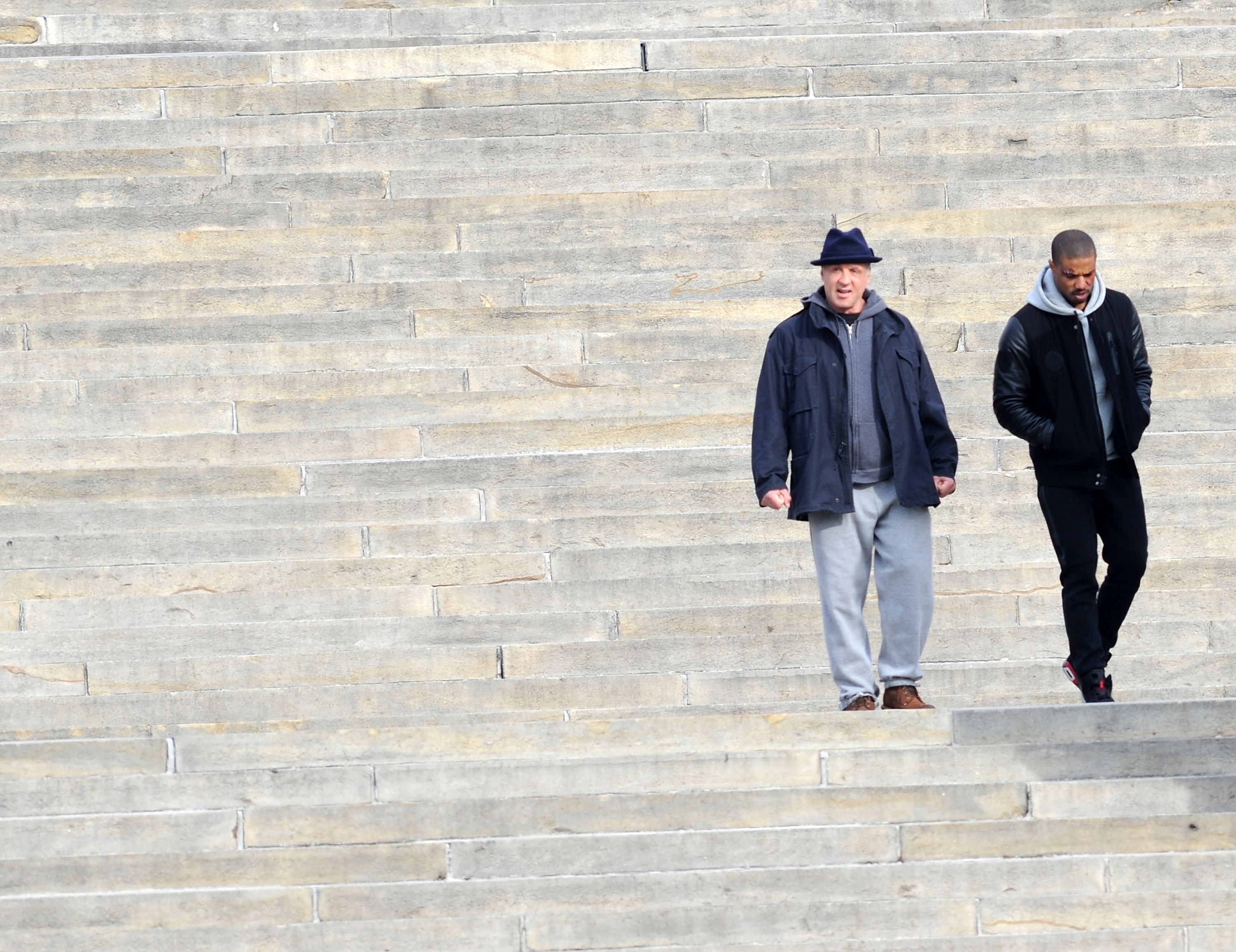 Sylvester Stallone and Michael B. Jordan on the set of "Creed" at the "Rocky Steps" at the Philadelphia Museum of Art