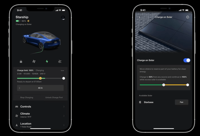 Screenshots of Tesla's app show the charge on solar sliders.