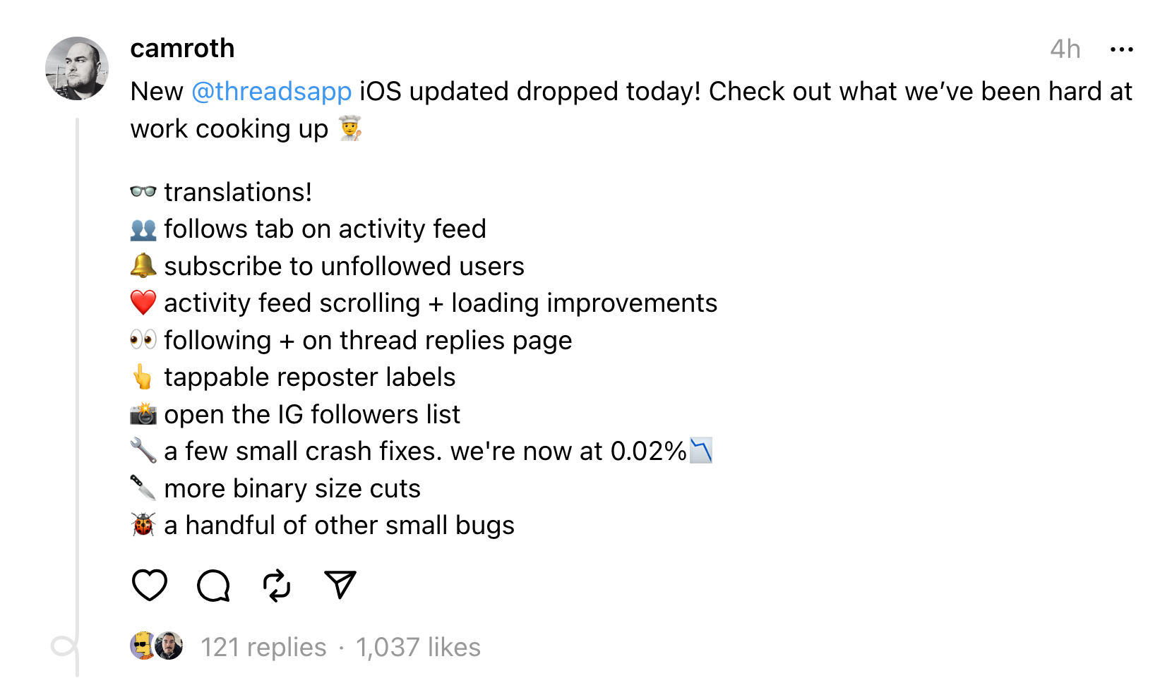 Threads update list from developer