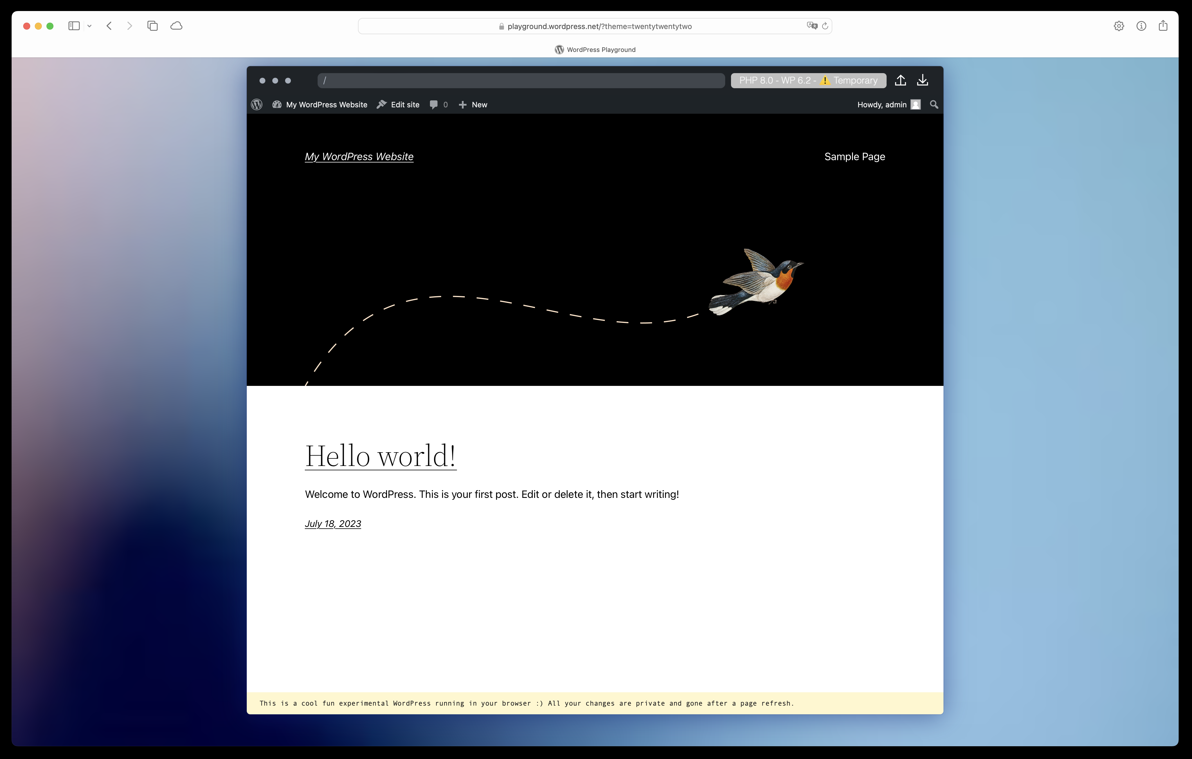Uno screenshot di una finestra del browser Web con un'istanza WordPress in esecuzione al suo interno