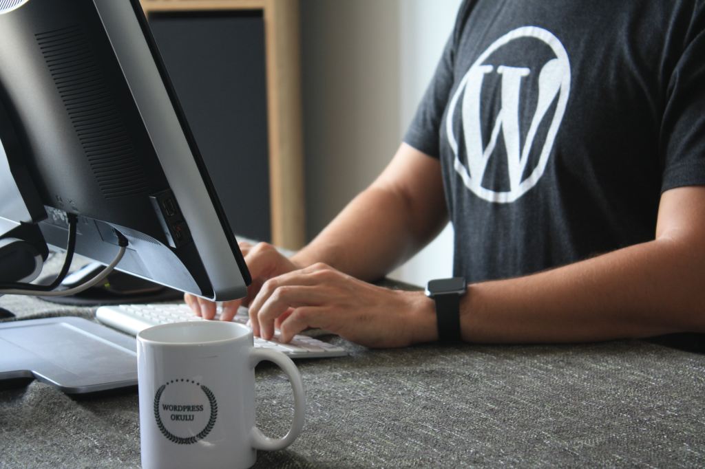 Una persona seduta davanti a un computer con una maglietta con il logo WordPress