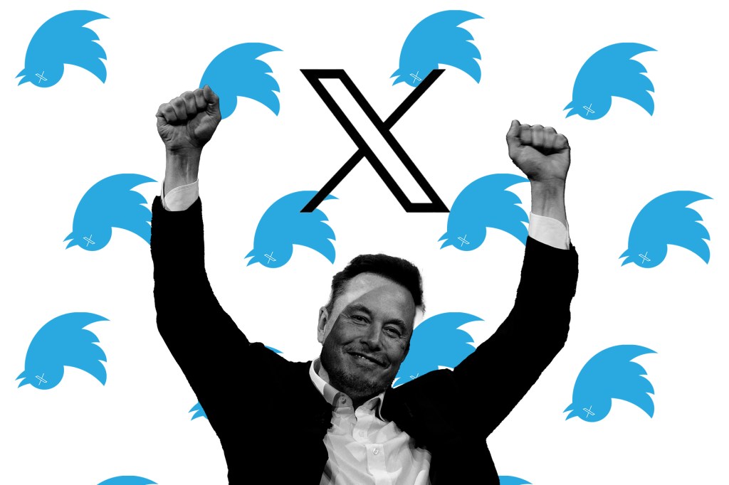 Elon Musk celebrating with the new X logo and a background of Twitter bird logo upside-down
