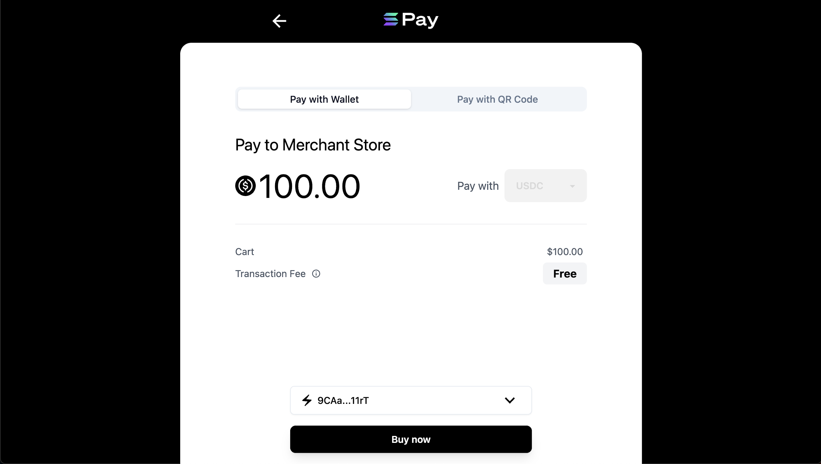 Une capture d'écran de l'intégration de Solana Pay avec USDC où une transaction de 100 $ a lieu.