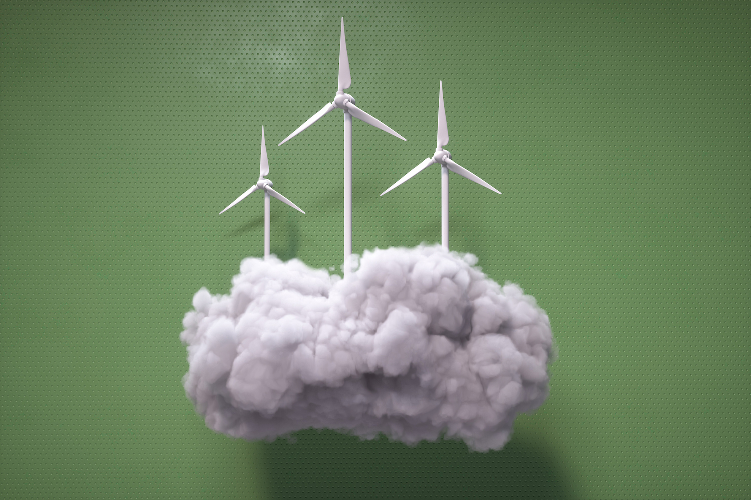 Digital generated image of multiple wind turbines on puffy cloud against green background.