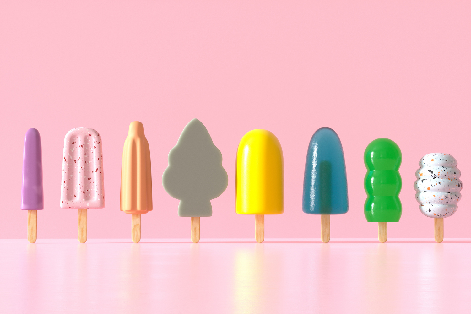 Digital generated image of many popsicles standing in row against pink background.