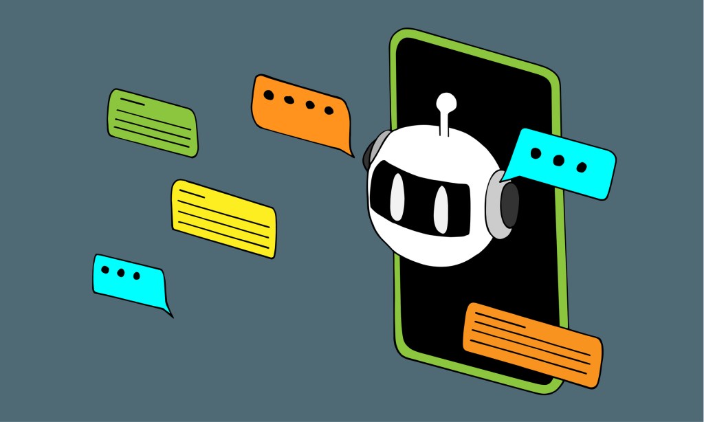 A chat bot looking out of a smart phone with various conversation bubbles around the phone.