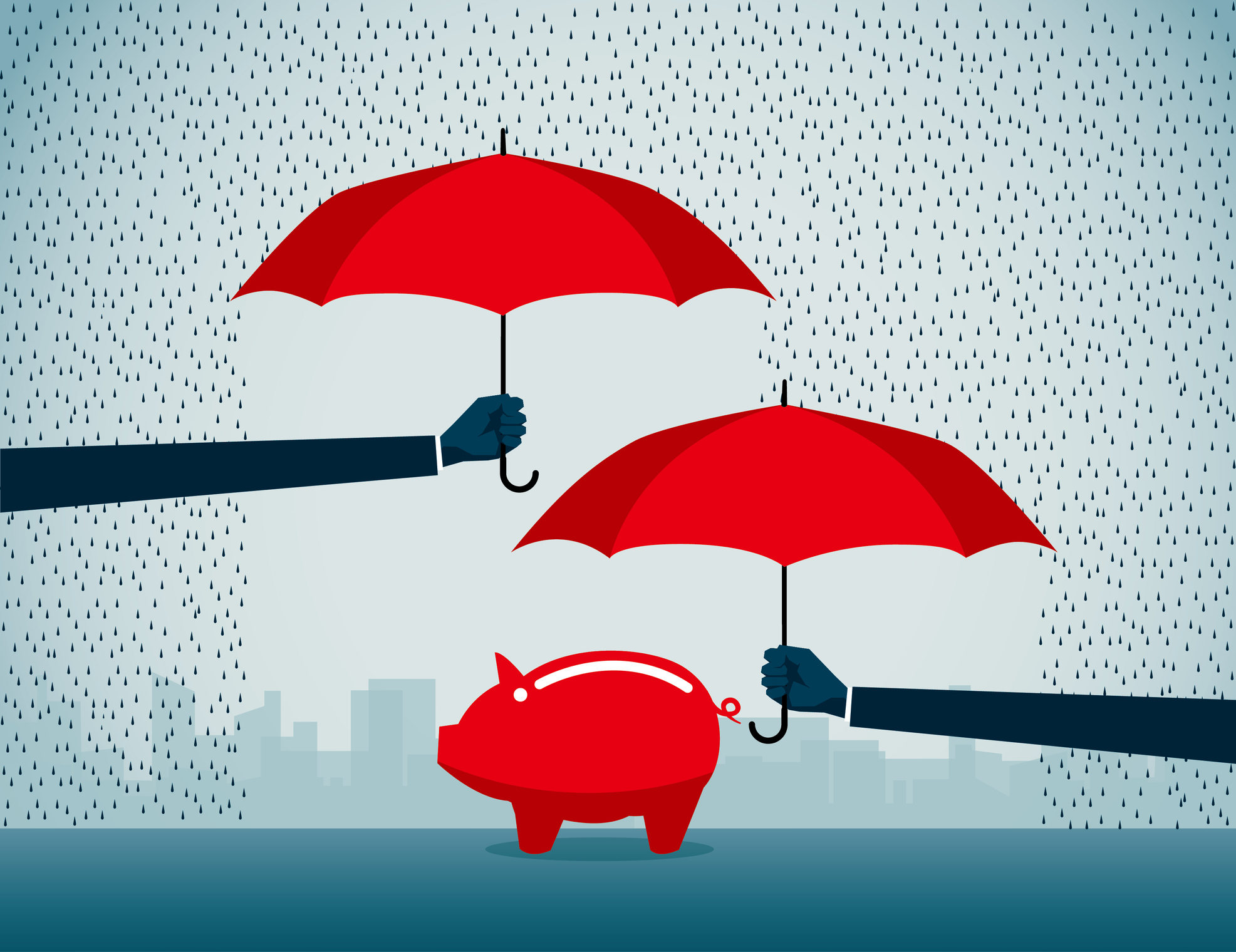 Image of a red piggy bank in the rain with two people holding red umbrellas over it