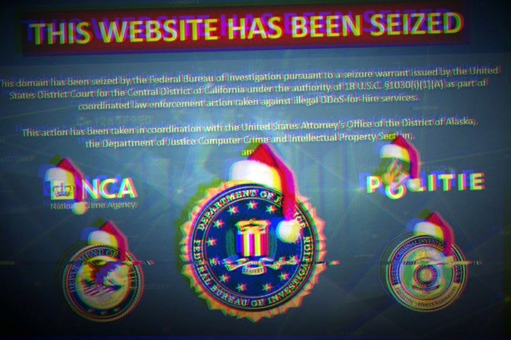 a screenshot of a Christmas-themed FBI seizure notice for a DDoS-for-hire sites, including Santa hats for the FBI's logo, on a glitchy background.