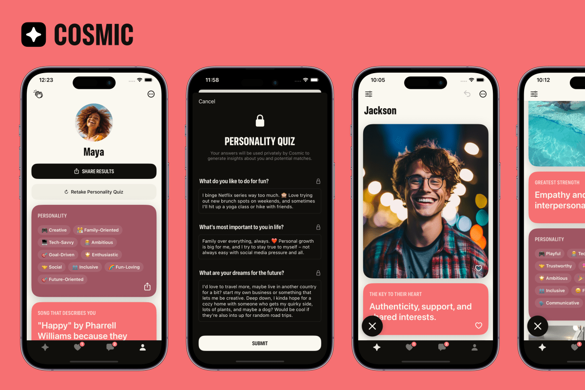Image for article Free dating app Cosmic uses personality quizzes to make a profile for you | TechCrunch