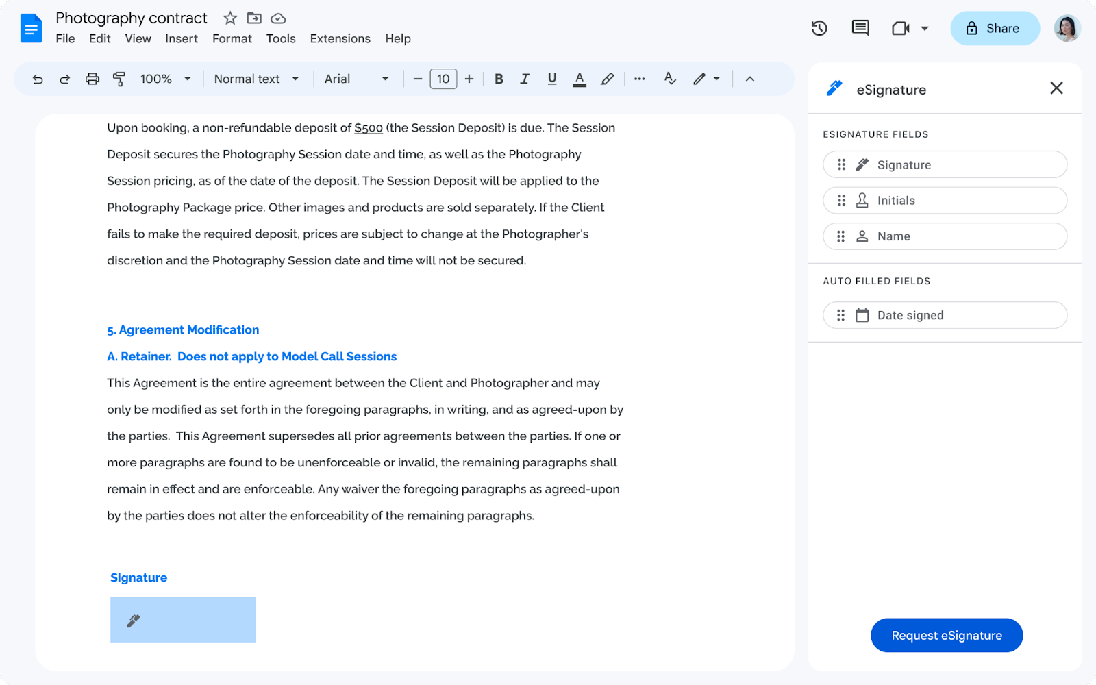 Google Doc with eSignature field at the bottom of the document.