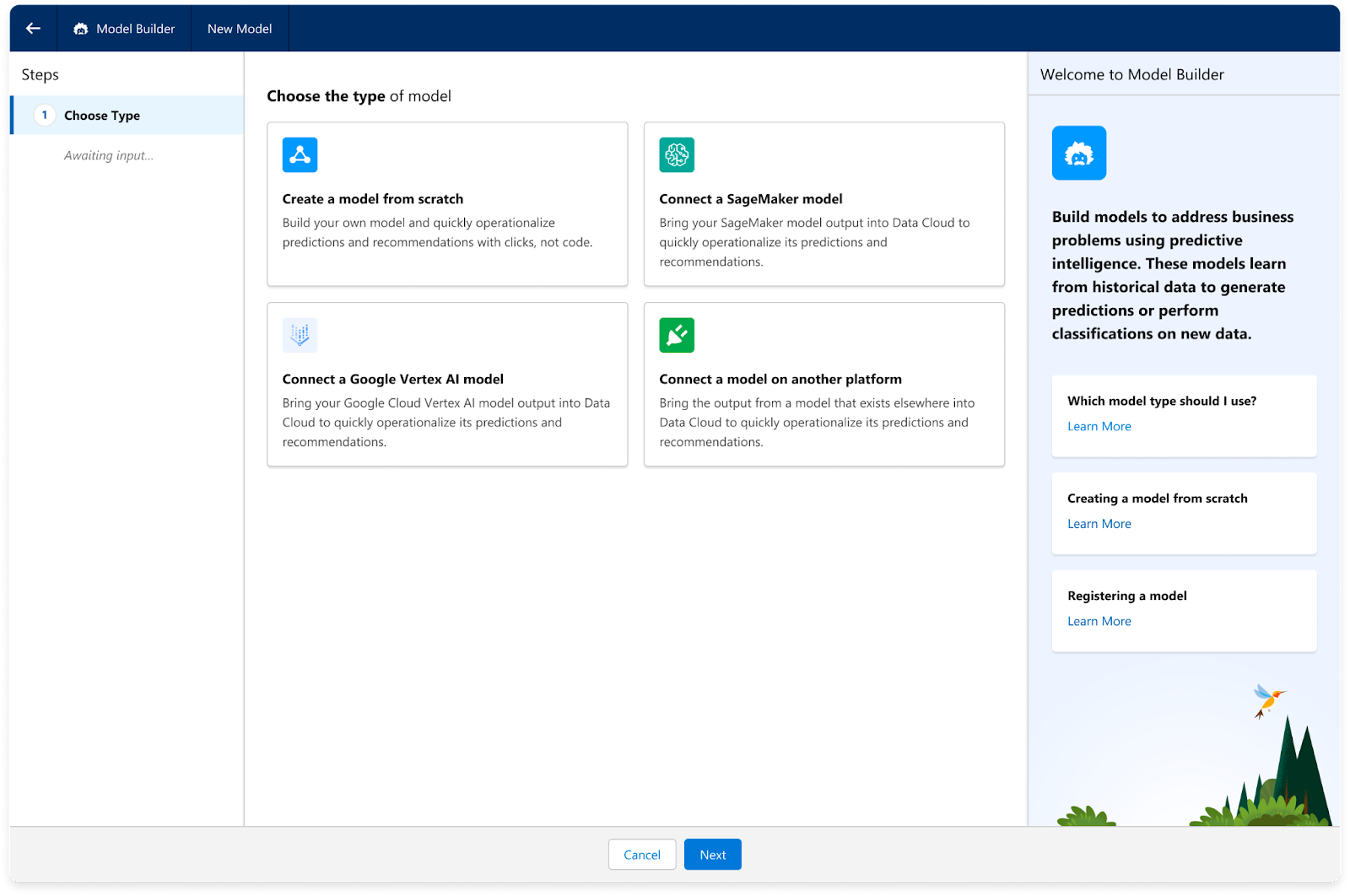 Salesforce Einstein Studio page where you pick the model to use. The choices are creating a model from scratch, Amazon Sagemaker, Google Vertex AI or external model.