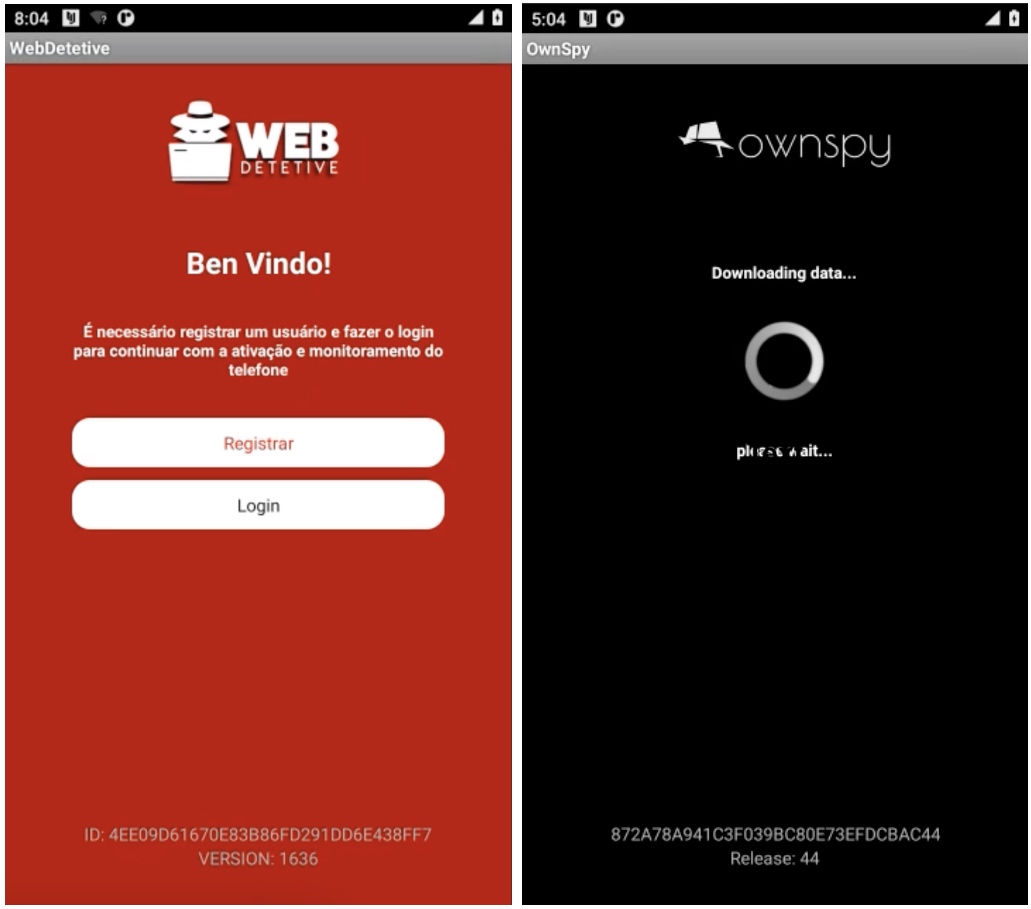 a side-by-side photo comparison of WebDetetive (left) and OwnSpy (right) running on Android.